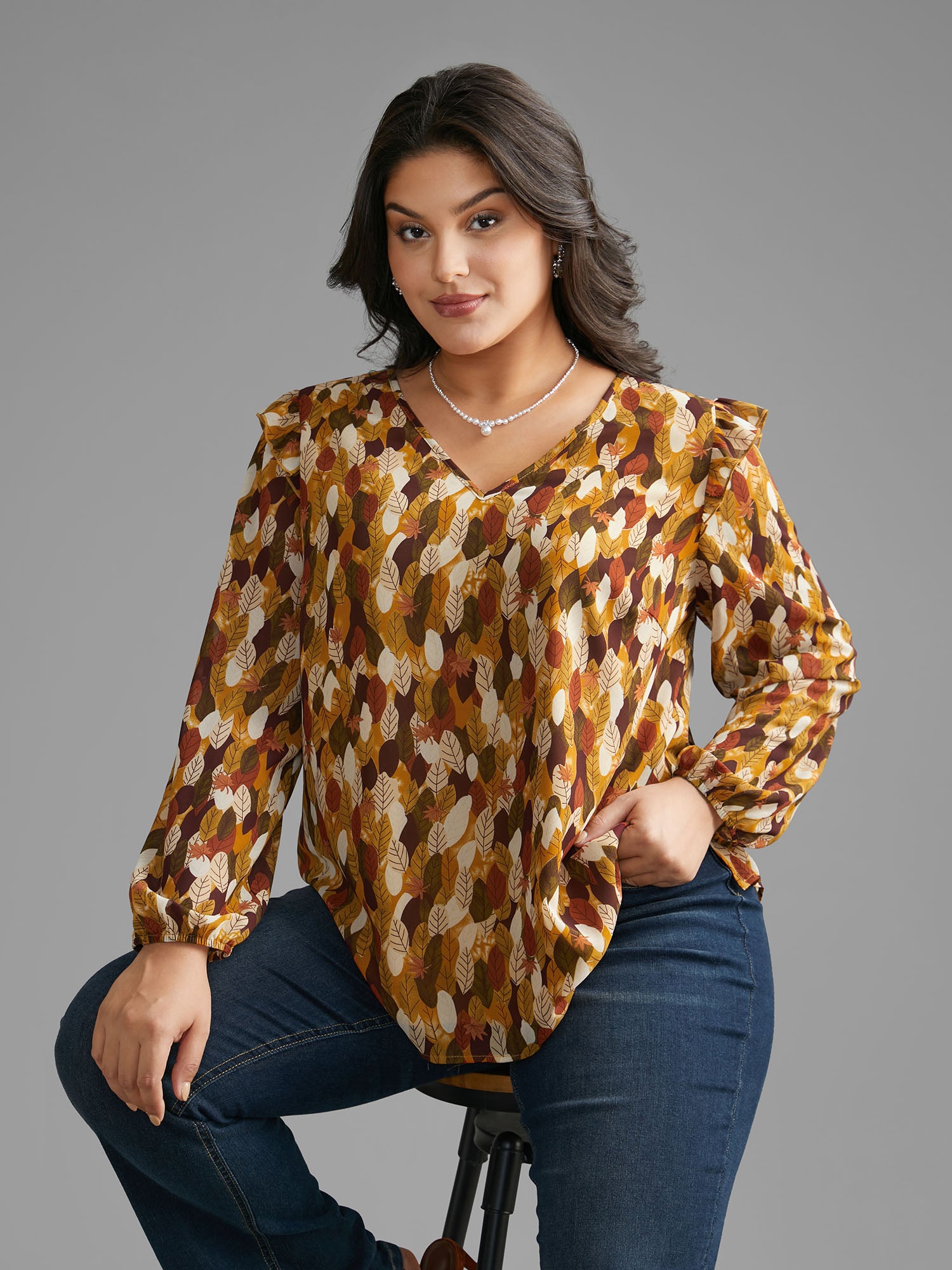 Leaves Print Ruffle Trim Slit Hem Blouse