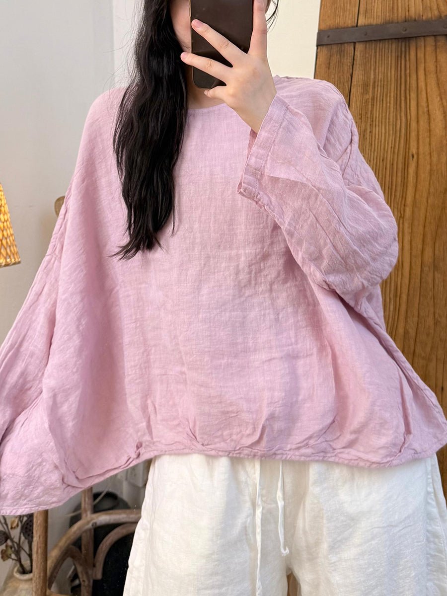 Women Summer Casual Pure Color O-Neck Linen Shirt
