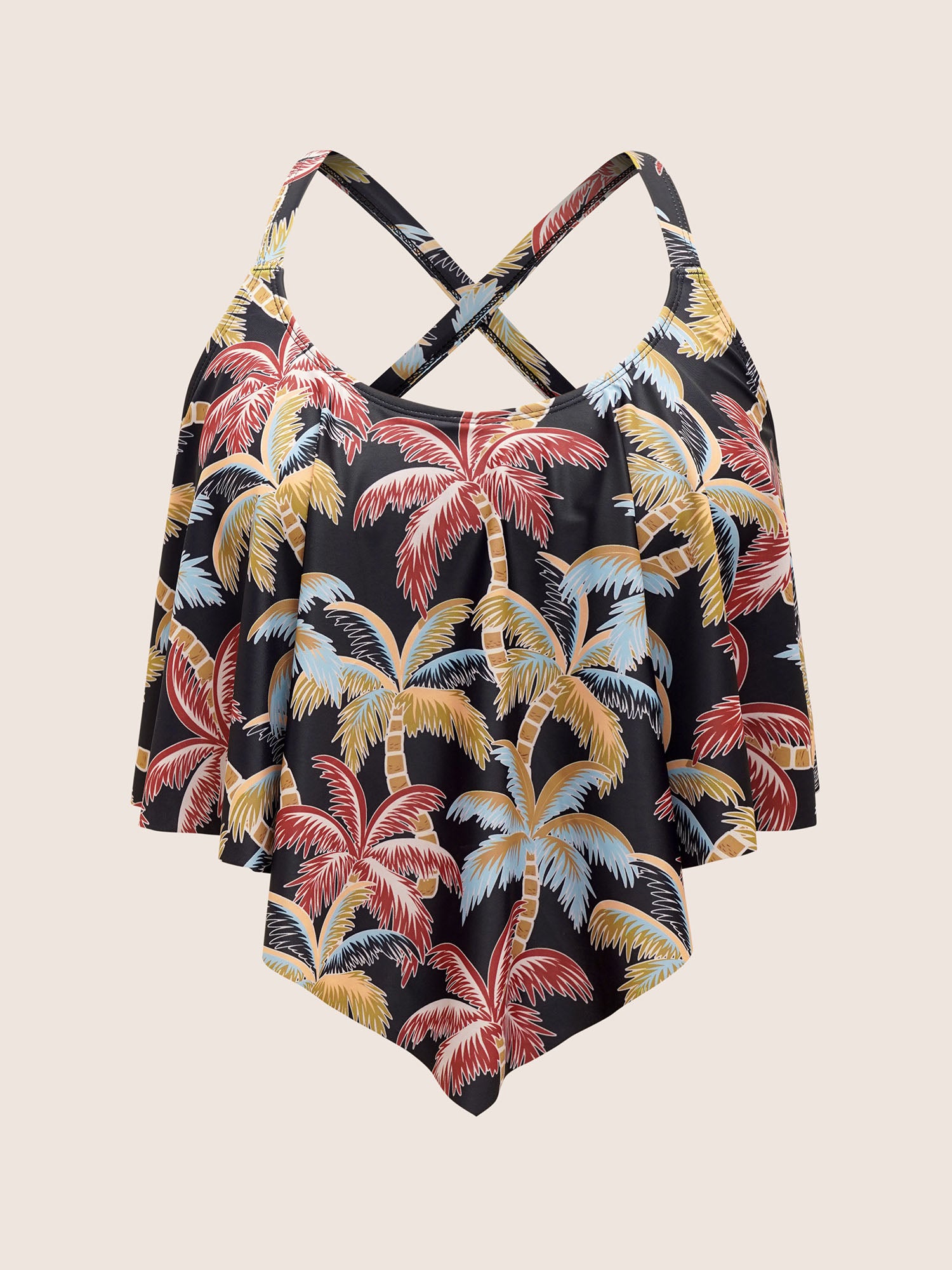 Tropical Coconut Tree Print Ruffle Trim Swim Top