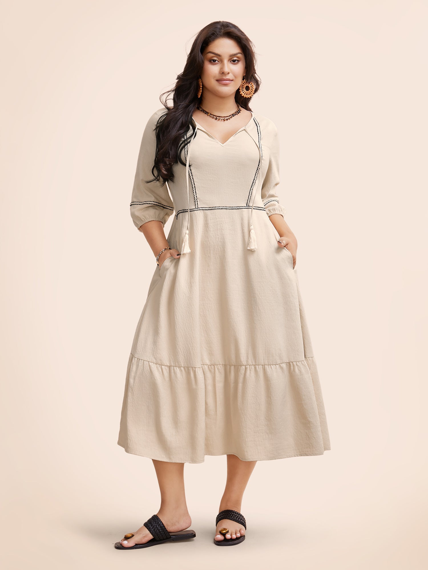 Contrast Webbing Tassel Tie Knot Dress