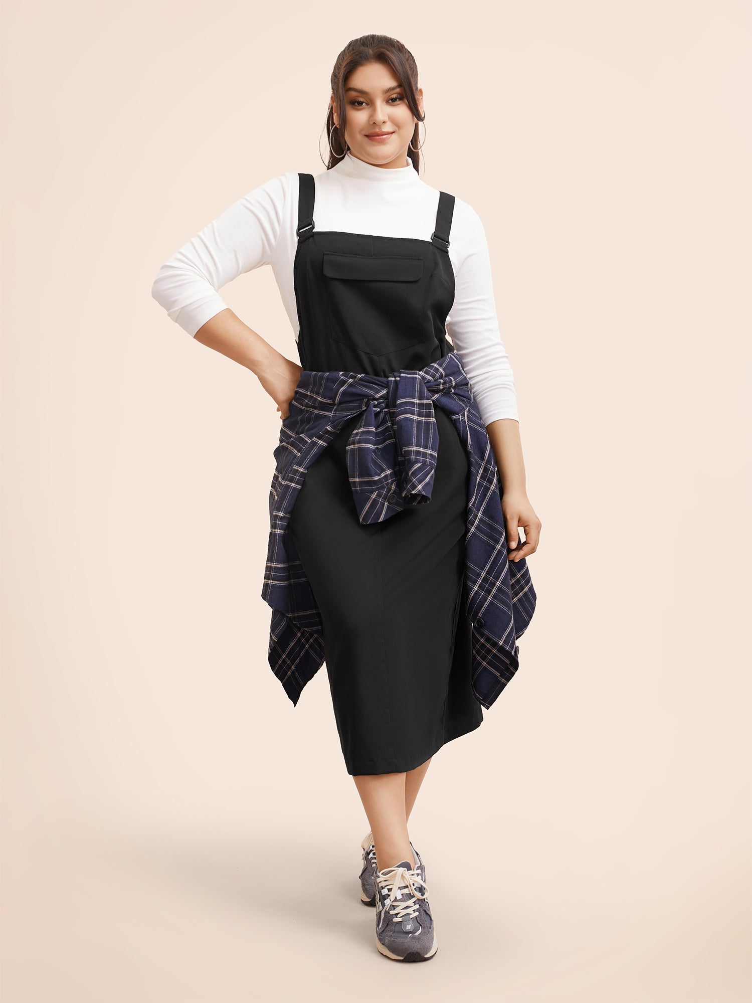 Solid Flap Pocket Adjustable Straps Overall Dress