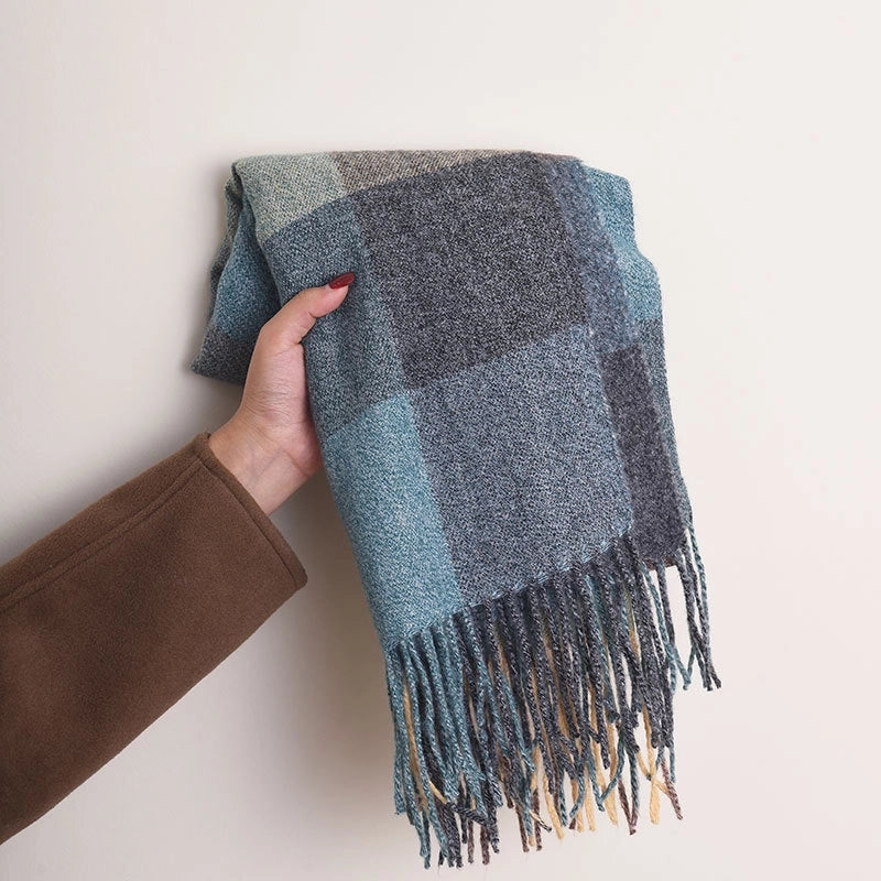 Unisex Lady Lattice Imitation Cashmere Tassel Scarf