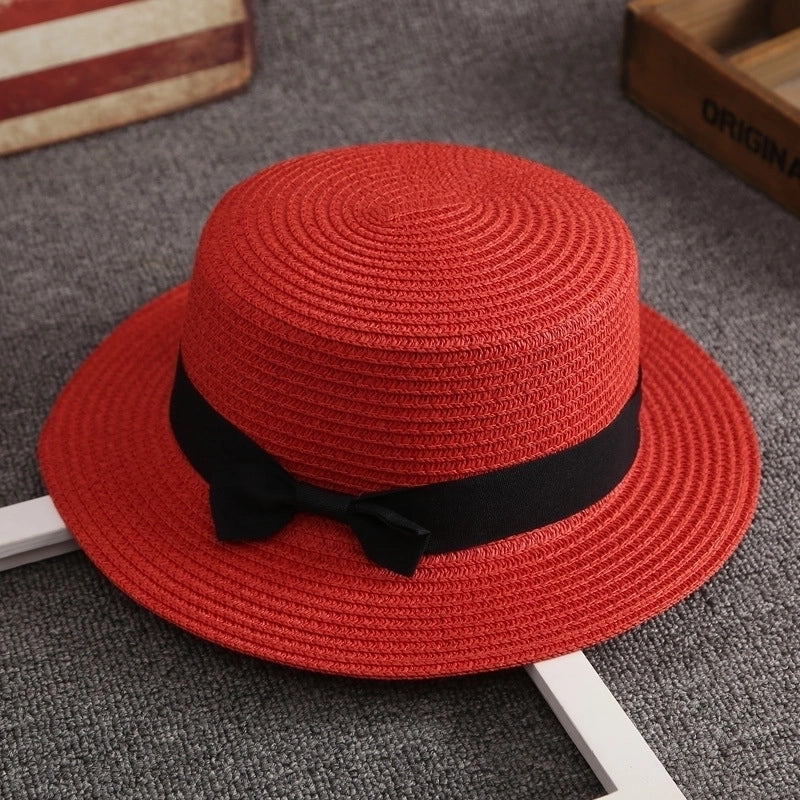 Straw Hat Female Summer British Retro Flat Top Beach Travel Hat