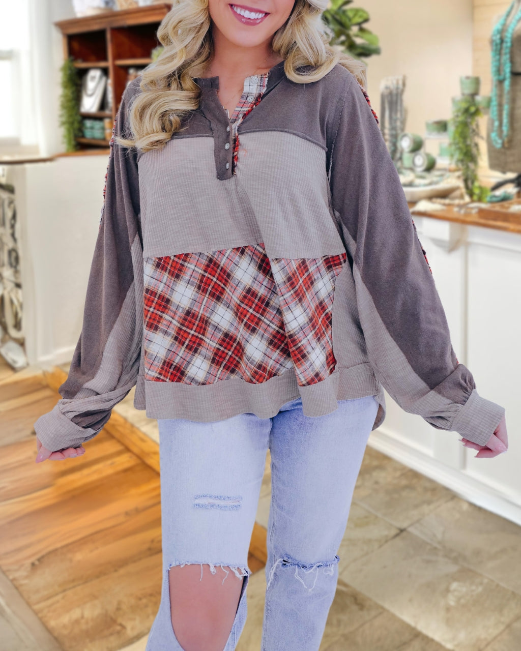 Colorful Plaid Button Sweatshirt