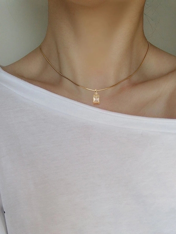 Copper Minimalist Inlay Round Zircon Solitaire Necklace