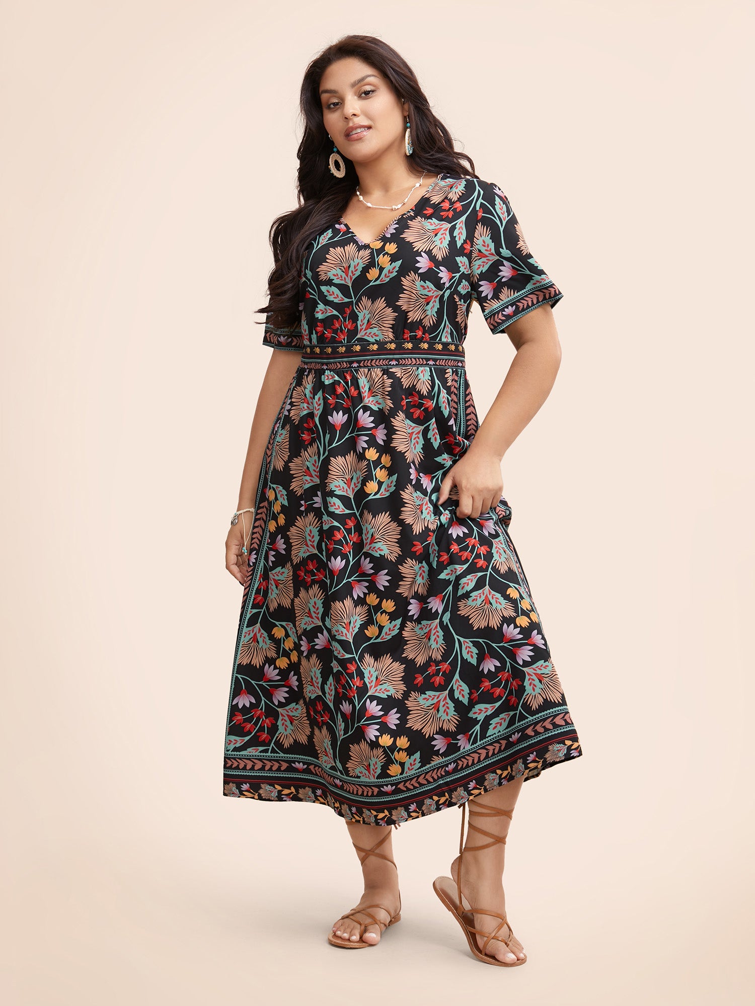 Boho Print Shirred Pocket Midi Dress