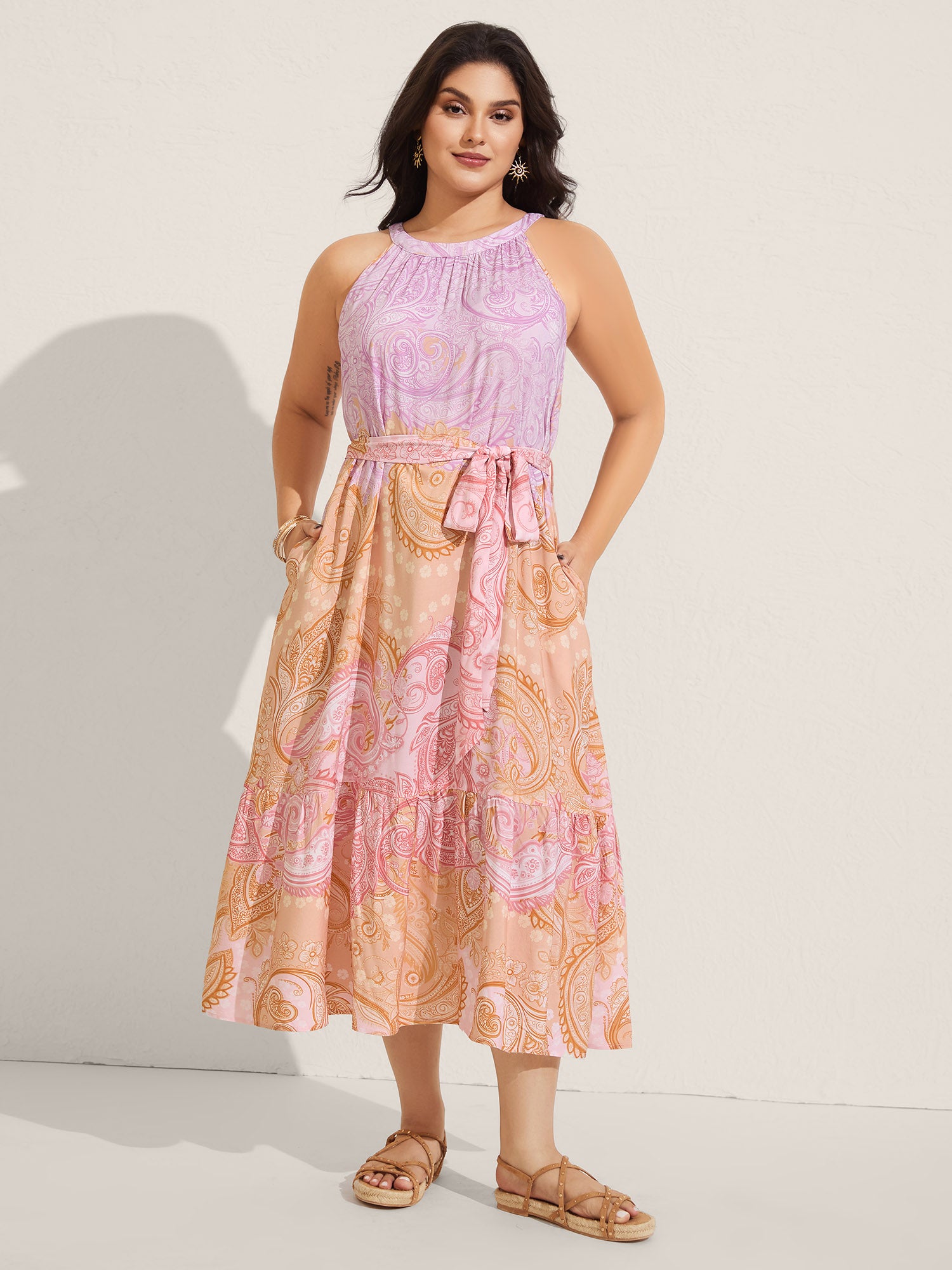 Paisley Print Belted Color Contrast Midi Dress