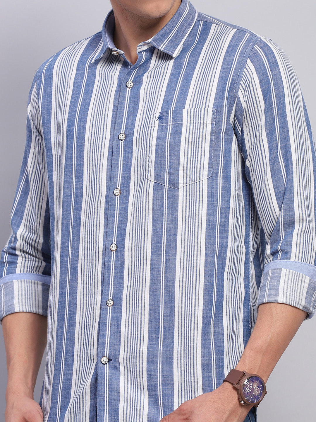 Men Blue Stripe Collar Full Sleeve Shirt