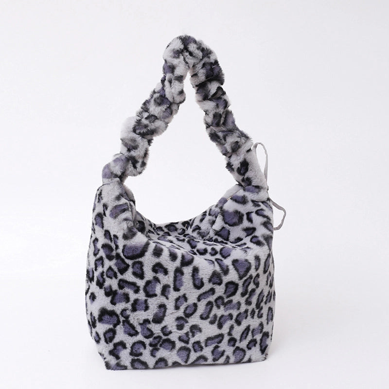 Women's Plush Leopard Vintage Style Classic Style Bucket Zipper Bucket Bag