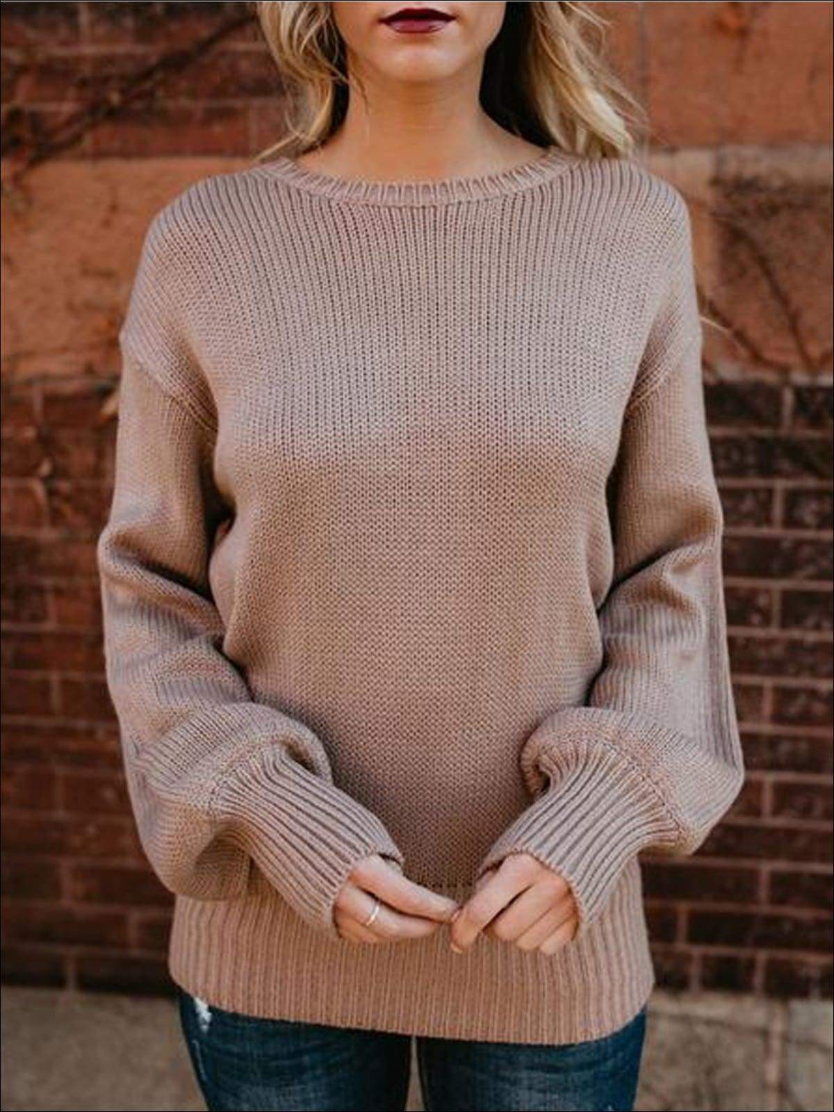 Knitted Oversized Sexy Bow Tie  Back Lantern Sleeve Sweater