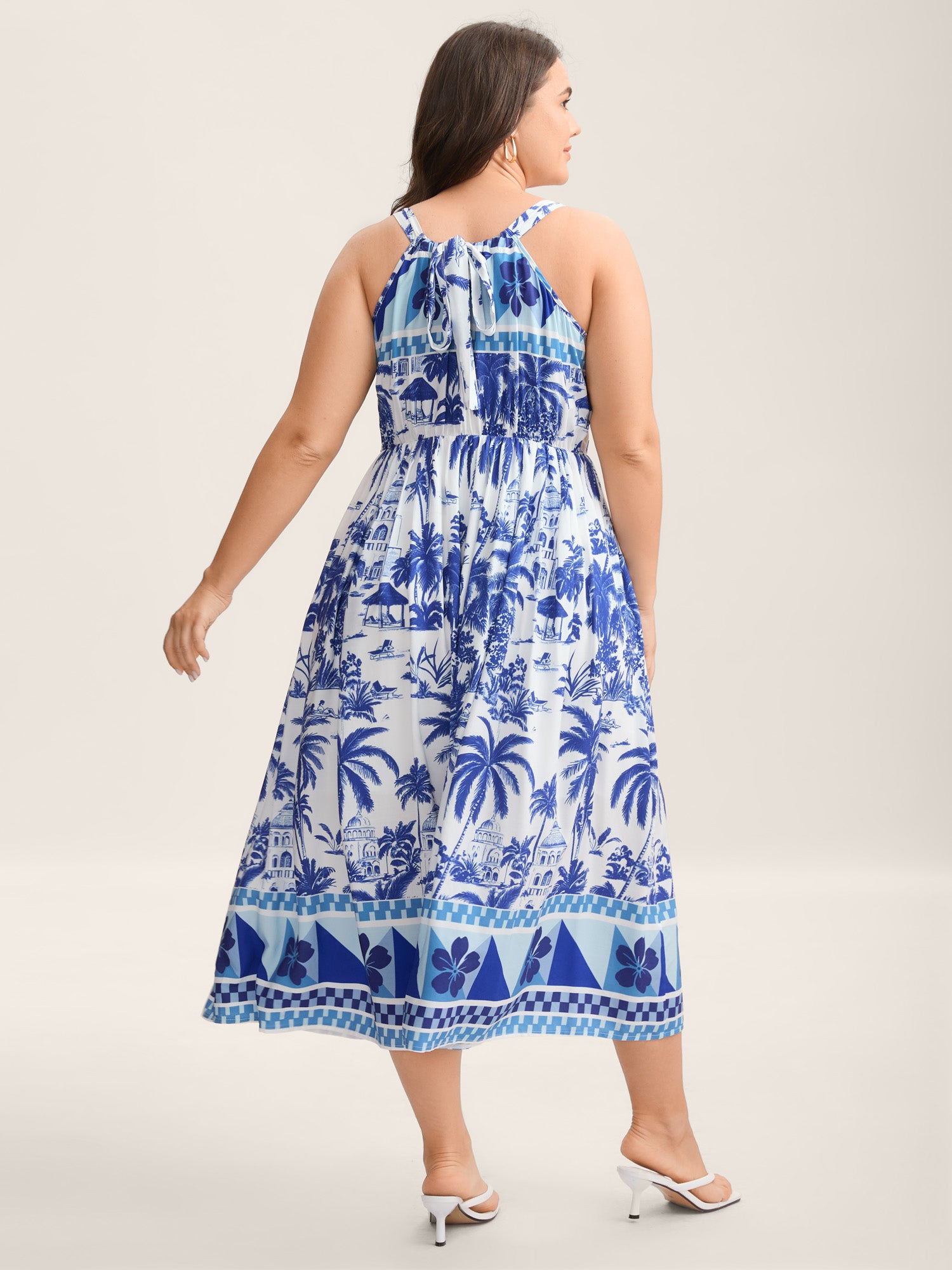Garden Print Stretchy Waist Pockets Midi Dress