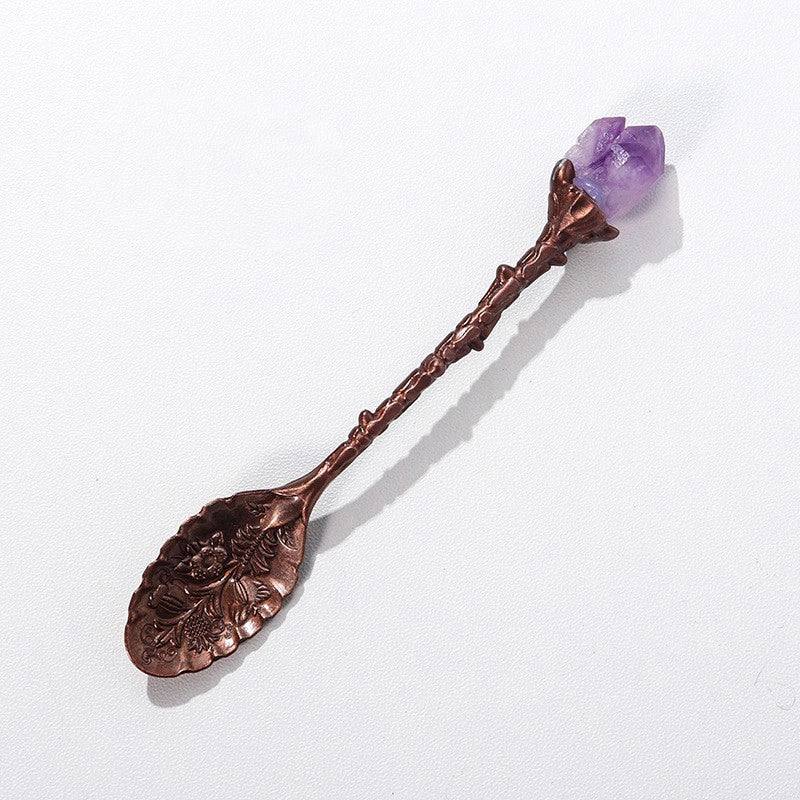 Natural Amethyst Flower Decor Copper Creative Long Handle Spoon