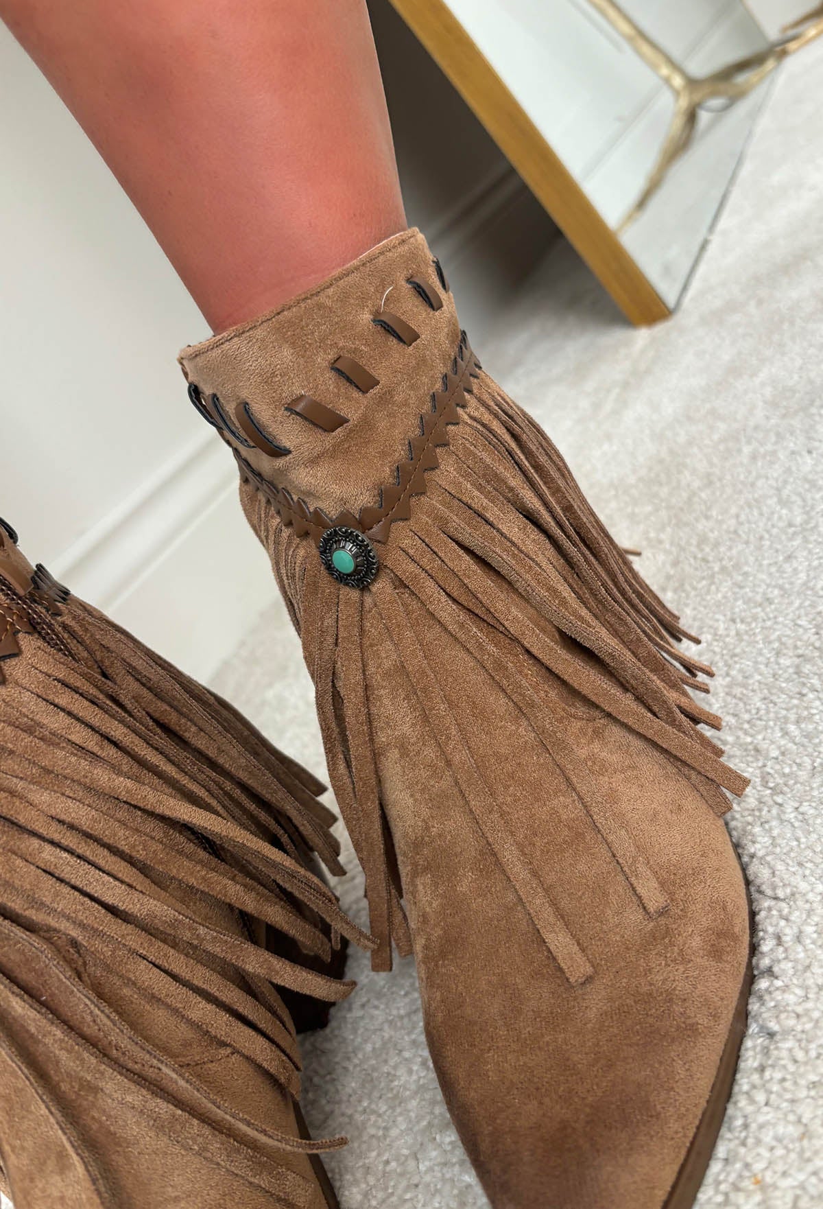 Western Sweetheart Tan Faux Suede Tassel Ankle Cowboy Boots