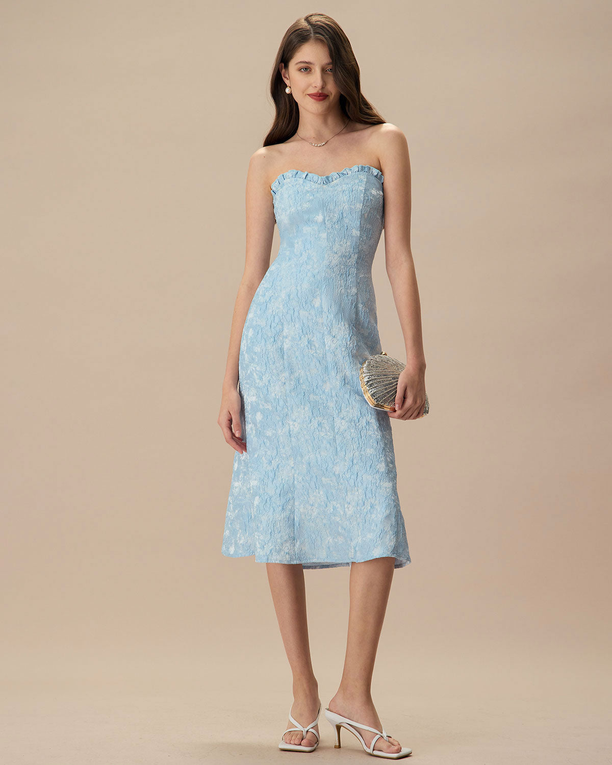 Women's Blue Strapless Jacquard Midi Dress