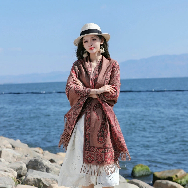 Red Ethnic Style Cashew Scarf Women's  Winter Thickened Shawl Travel Air Conditioning Blanket Scarf Cape