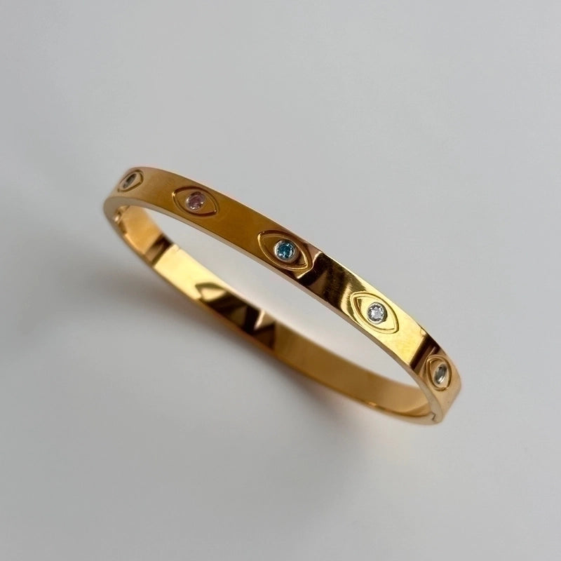 Minimalist Round Titanium Steel Plating Inlay Zircon 18k Gold Plated Bangle