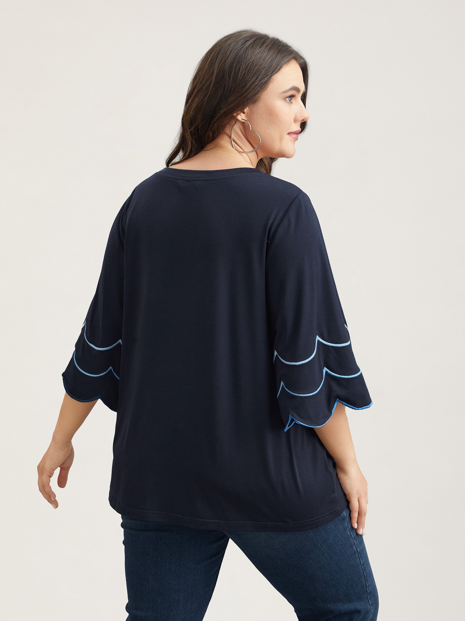 Embroidered Trumpet Sleeve V-Neck T-Shirt