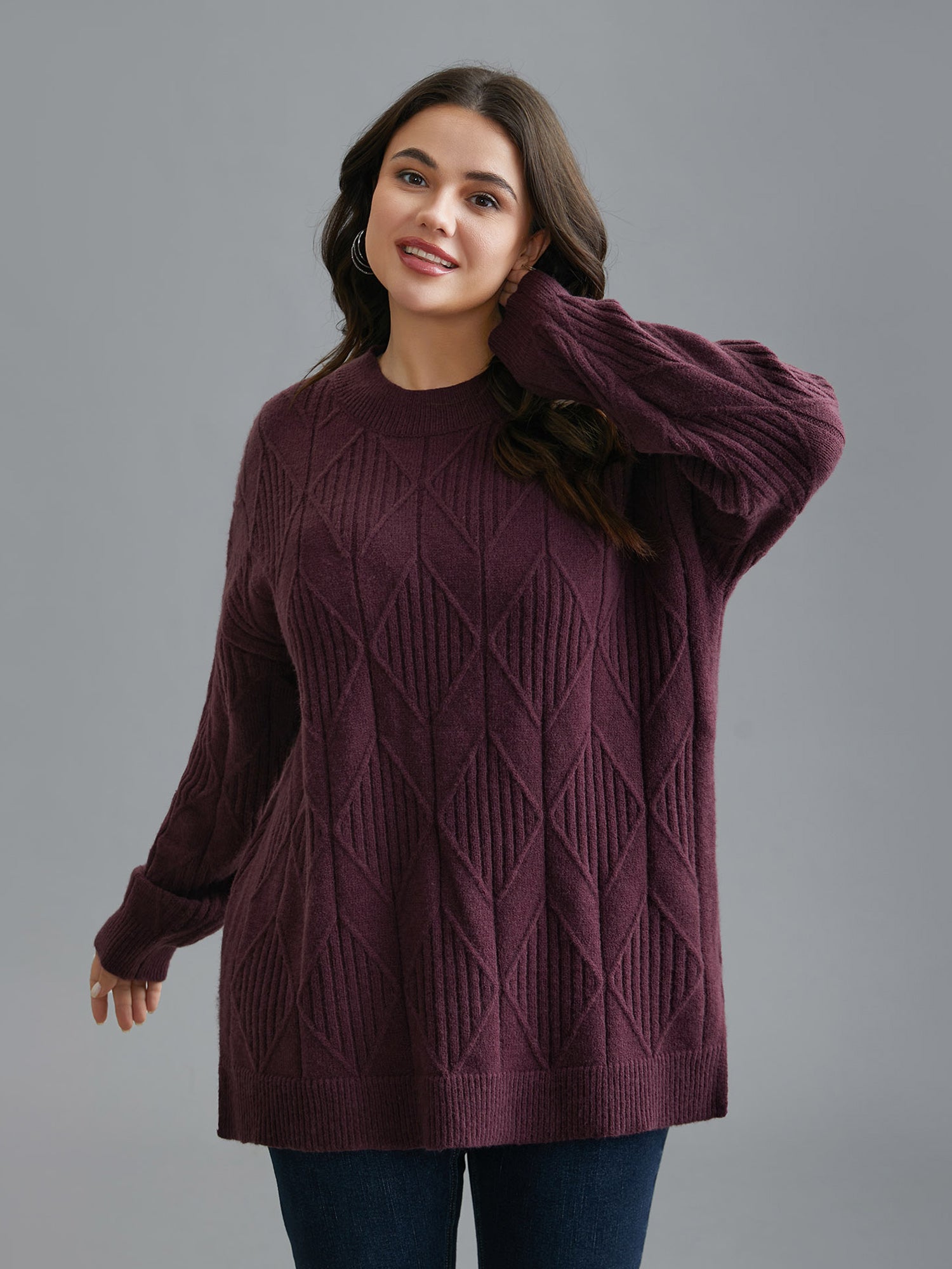 Cable Knit Turtleneck Split Hem Pullover