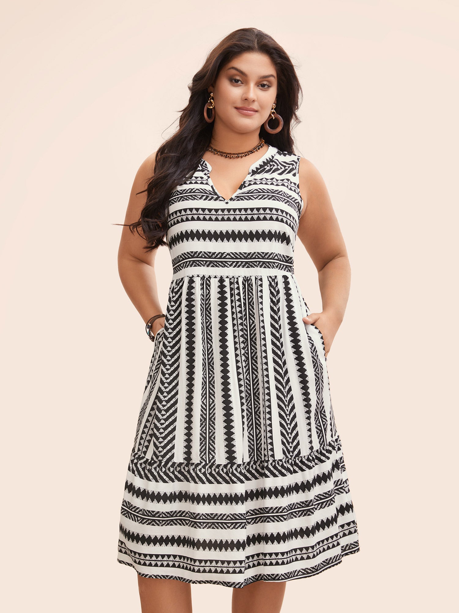 Striped Geometric Pocket Ruffle Hem Sleeveless Tank Dress