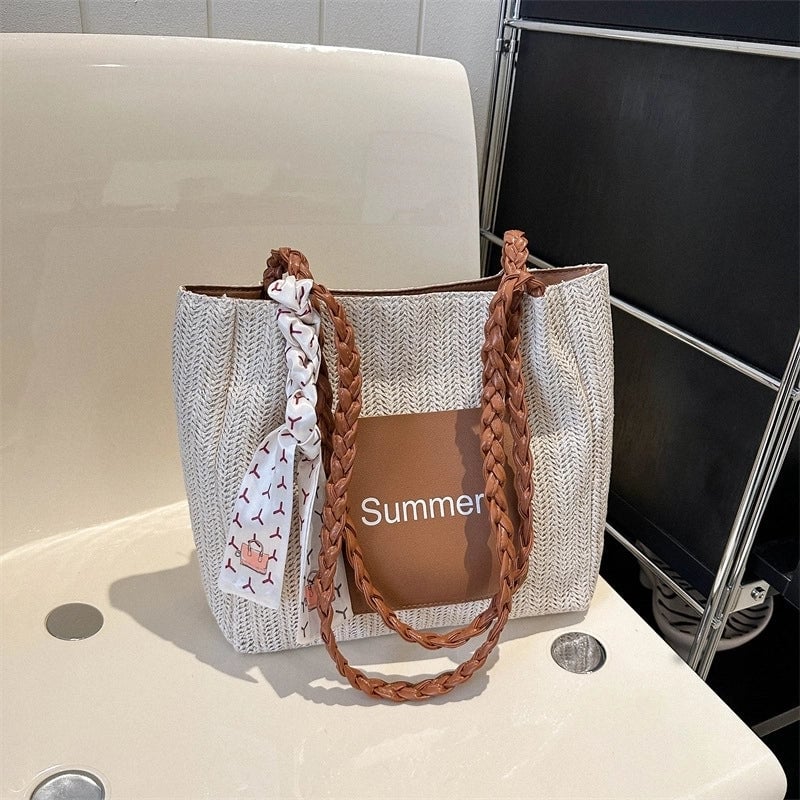 Women's Medium Straw Letter Color Block Vacation Beach Zipper Tote Bag
