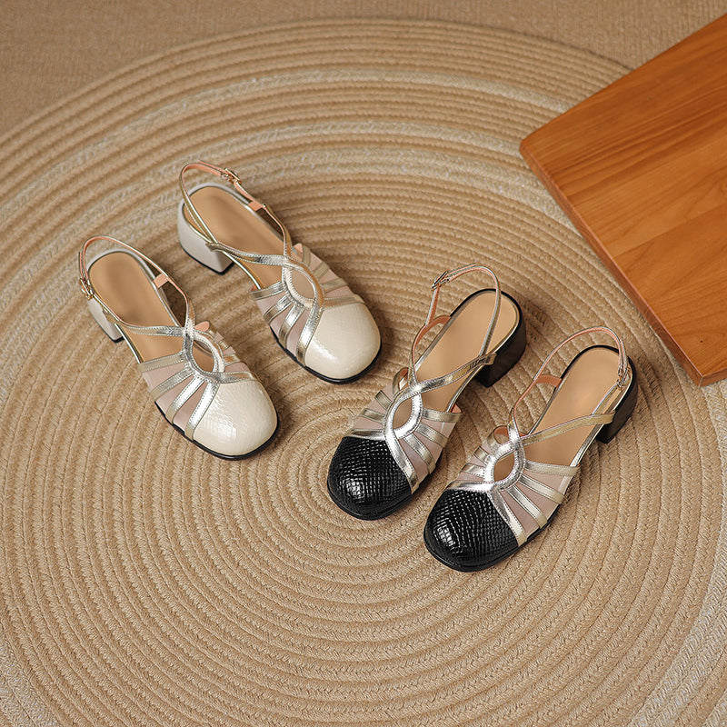 Elegant Colorblock Sandals Patent Leather & Metallic Cowhide Cross-Strap Slingback Dress Shoes in Black/Beige