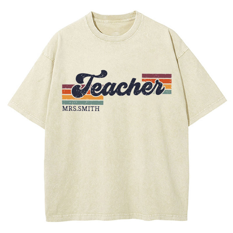 Personalized Grade And Name Retro Horizontal Stripes Teacher Washed T-Shirt