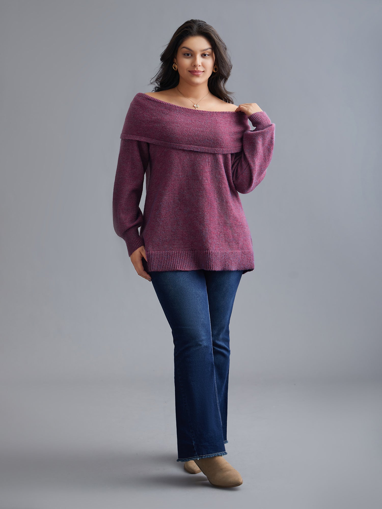 Off-Shoulder Textured Long Sleeve Pullover