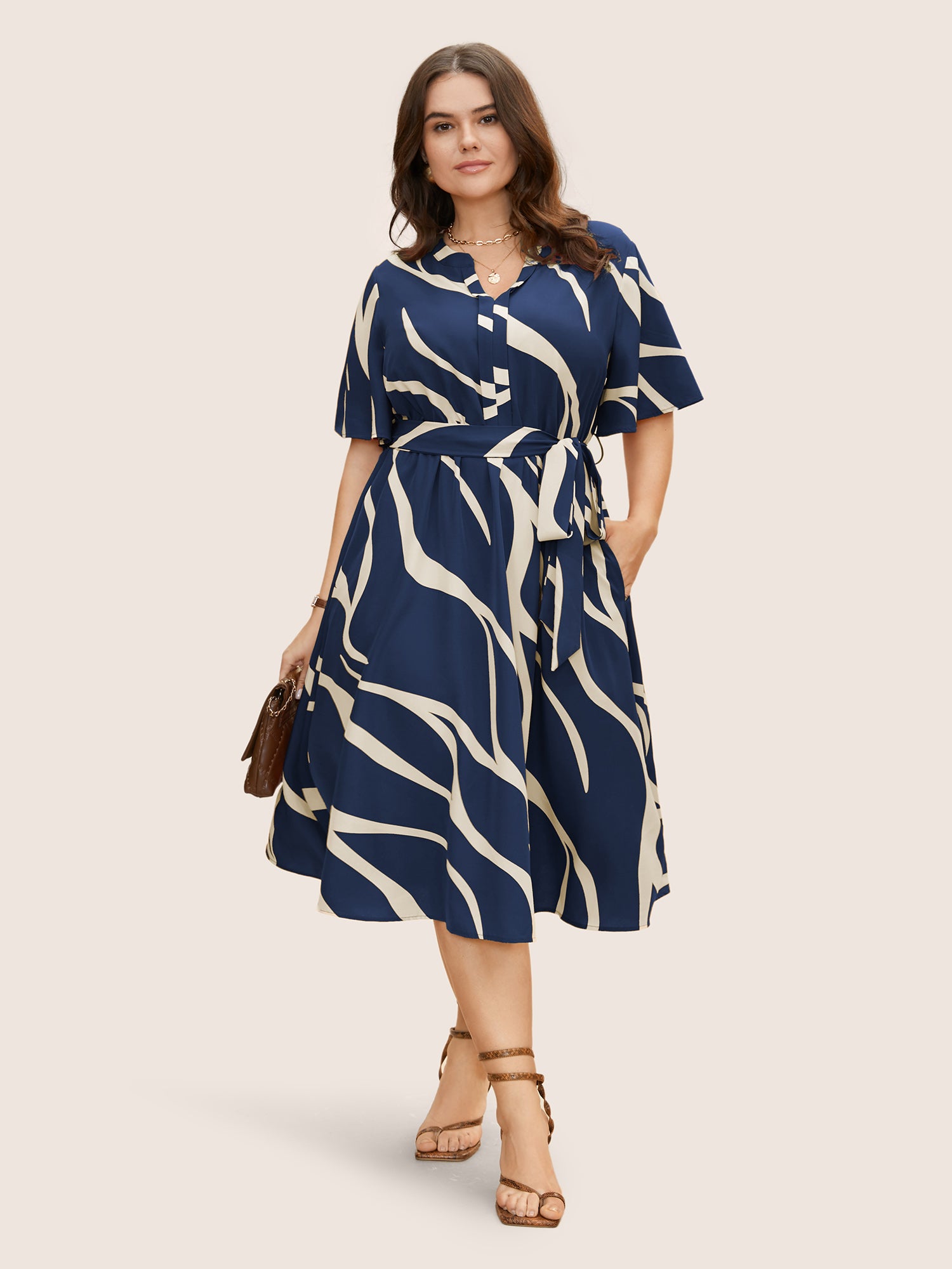 Geometric Surplice Neck Tie Knot Midi Dress