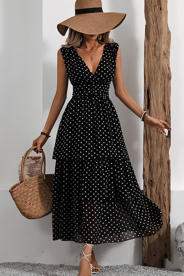 Fashion Polka Dots Print V Neck Maxi Dress