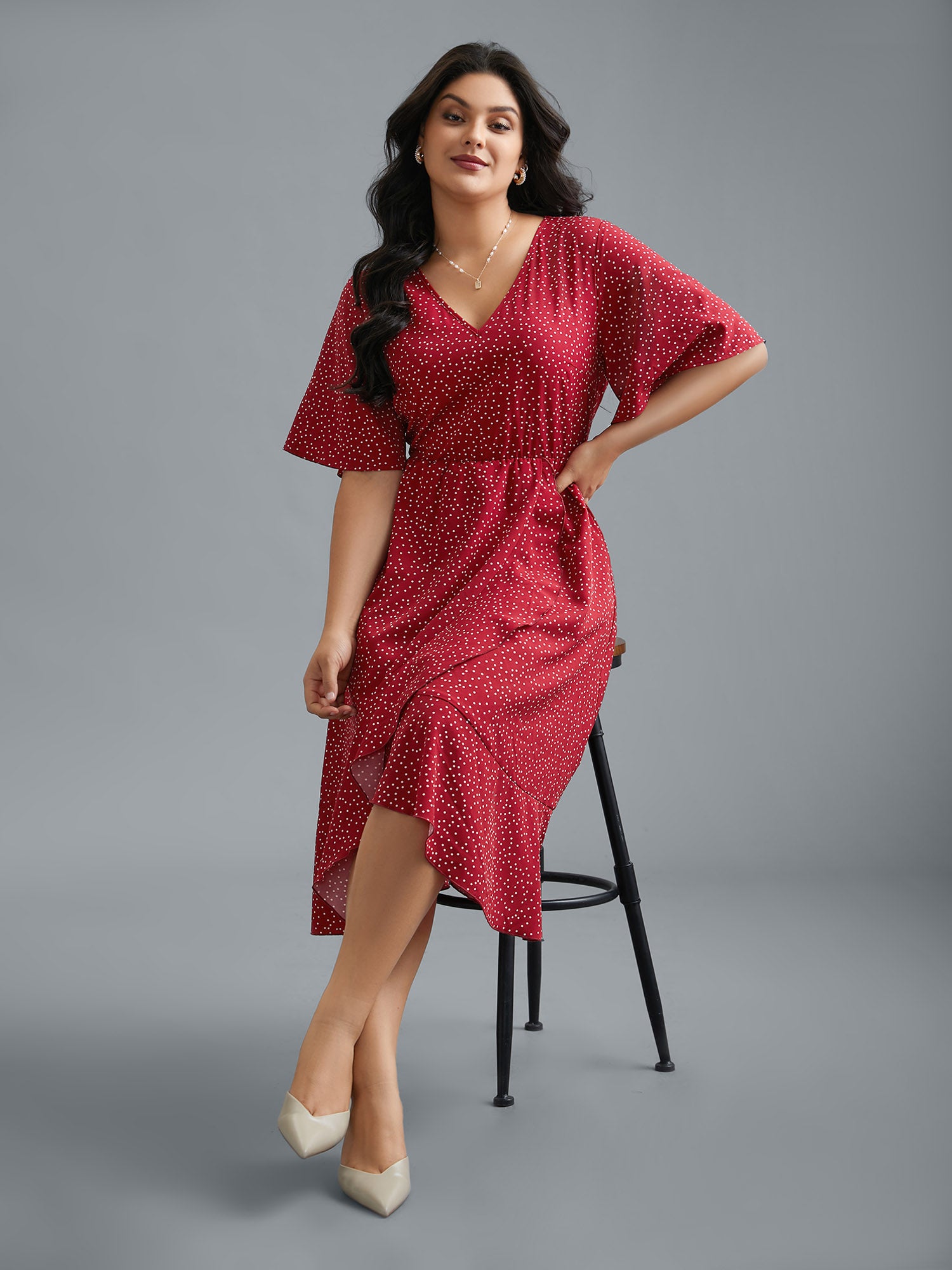 V Neck Polka Dot Ruffle Trim Dress