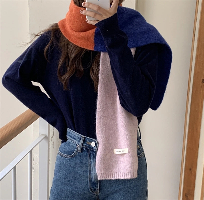 Contrast Color Scarf Women's Autumn And Winter Neck Protection  Cute Student Warm Knitted Good Match Color Matching Decorative Scarf