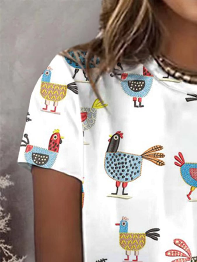 Women'S Funny Farm Chicken Art Print Short Sleeve T-shirt