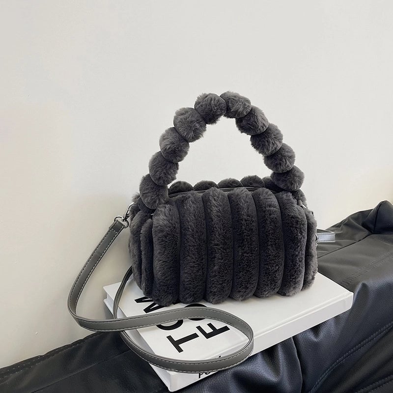 Women's Plush Solid Color Basic Classic Style Pillow Shape Zipper Shoulder Bag Handbag