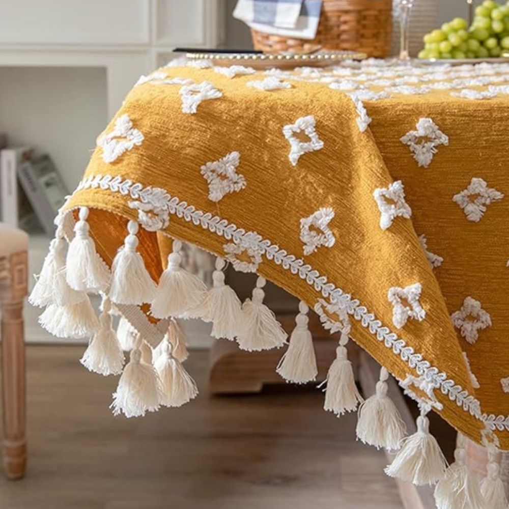 Versatile Yellow Embroidered Tassel Tablecloth