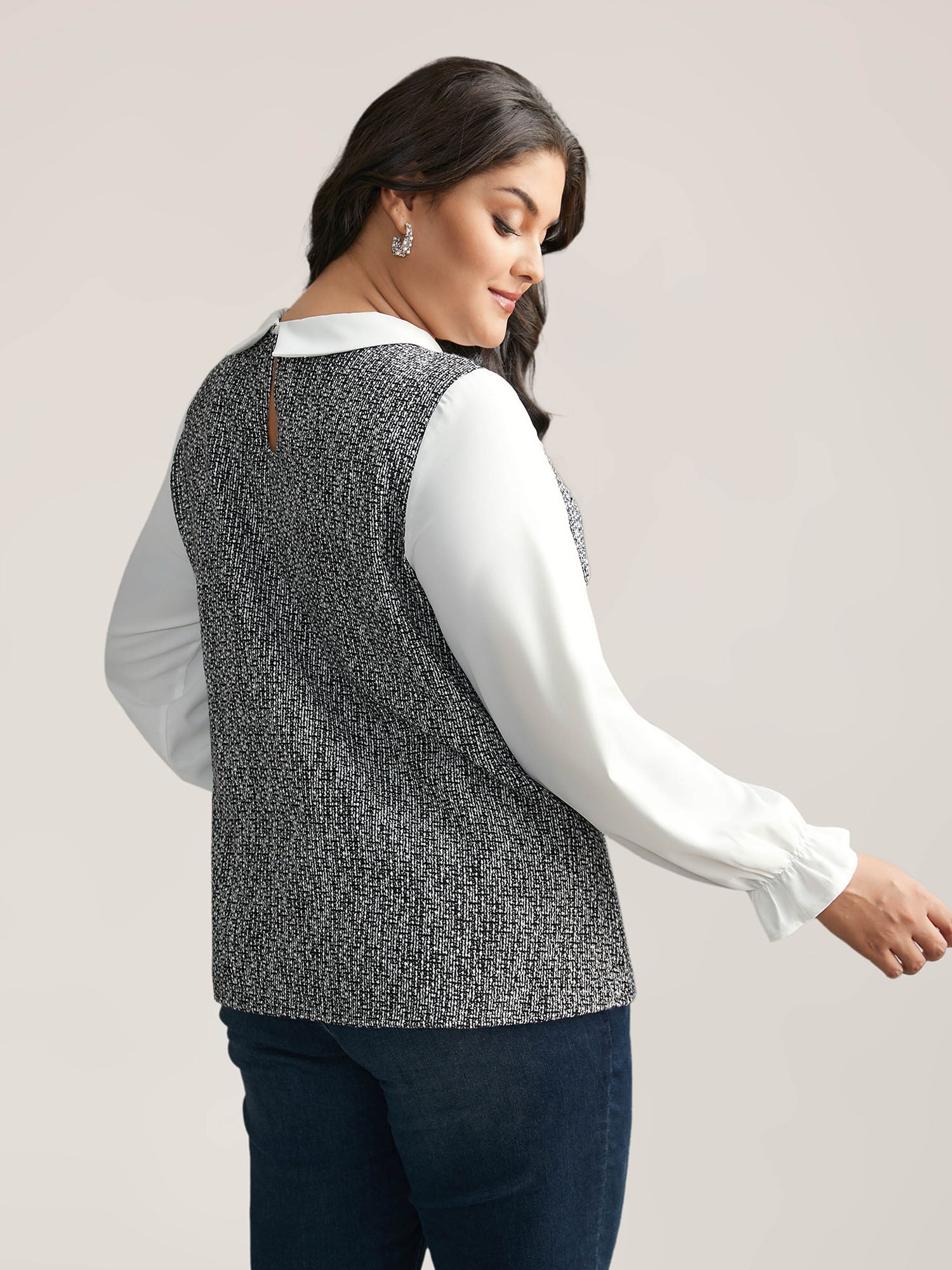 Tweed Patchwork Lantern Sleeve Blouse