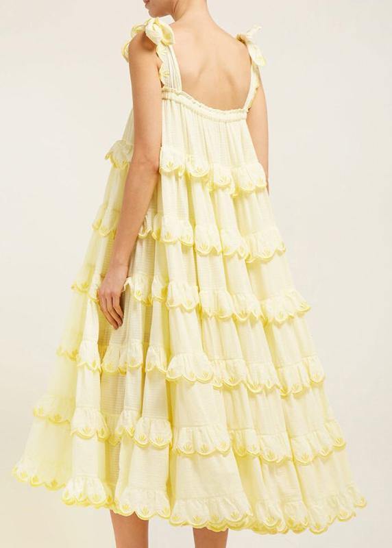 Elegant Patchwork Ruffles Yellow For Women Off Shoulder Sleeveless Oversized Dresses