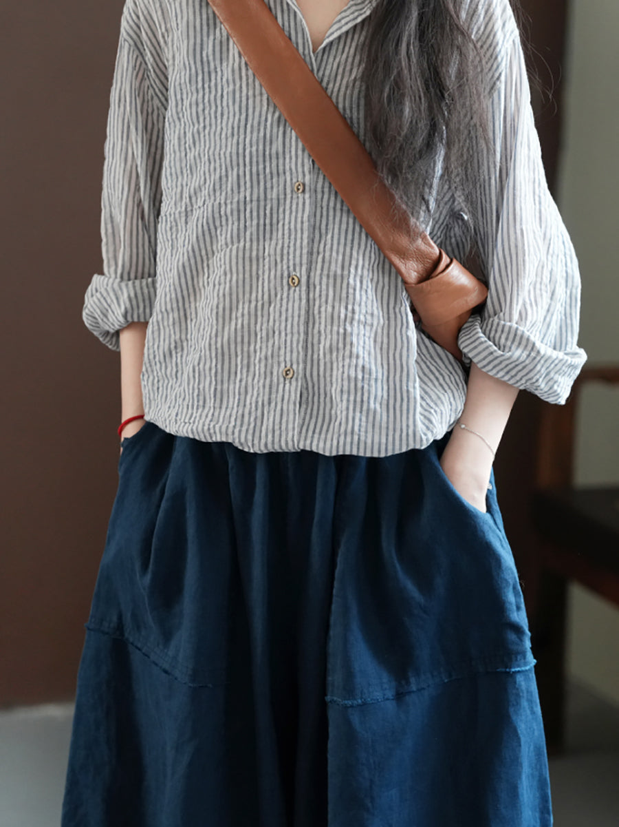 Women Summer Retro Stripe Turn-down Collar Cotton Shirt