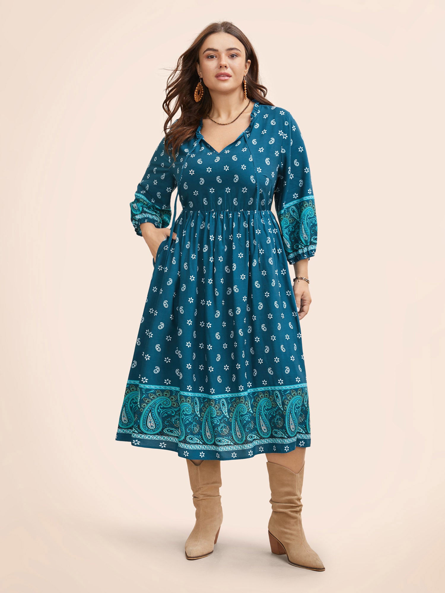 Paisley Print Tie Knot Lantern Sleeve Dress