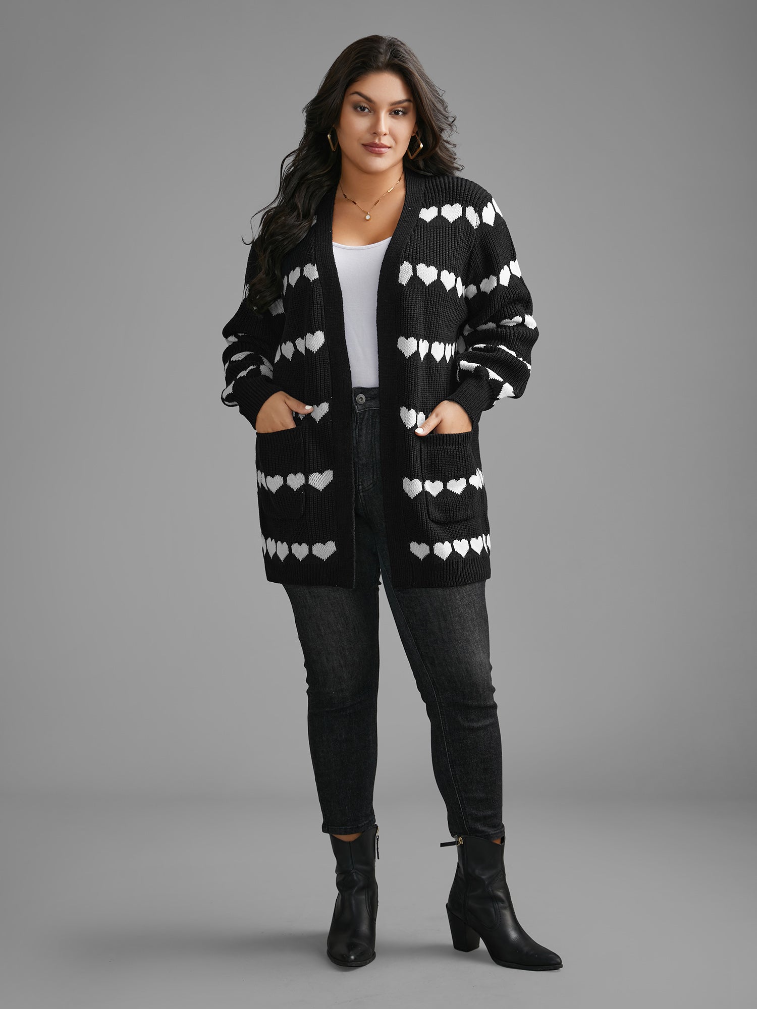 Heart Pattern Jacquard Patch Pocket Cardigan