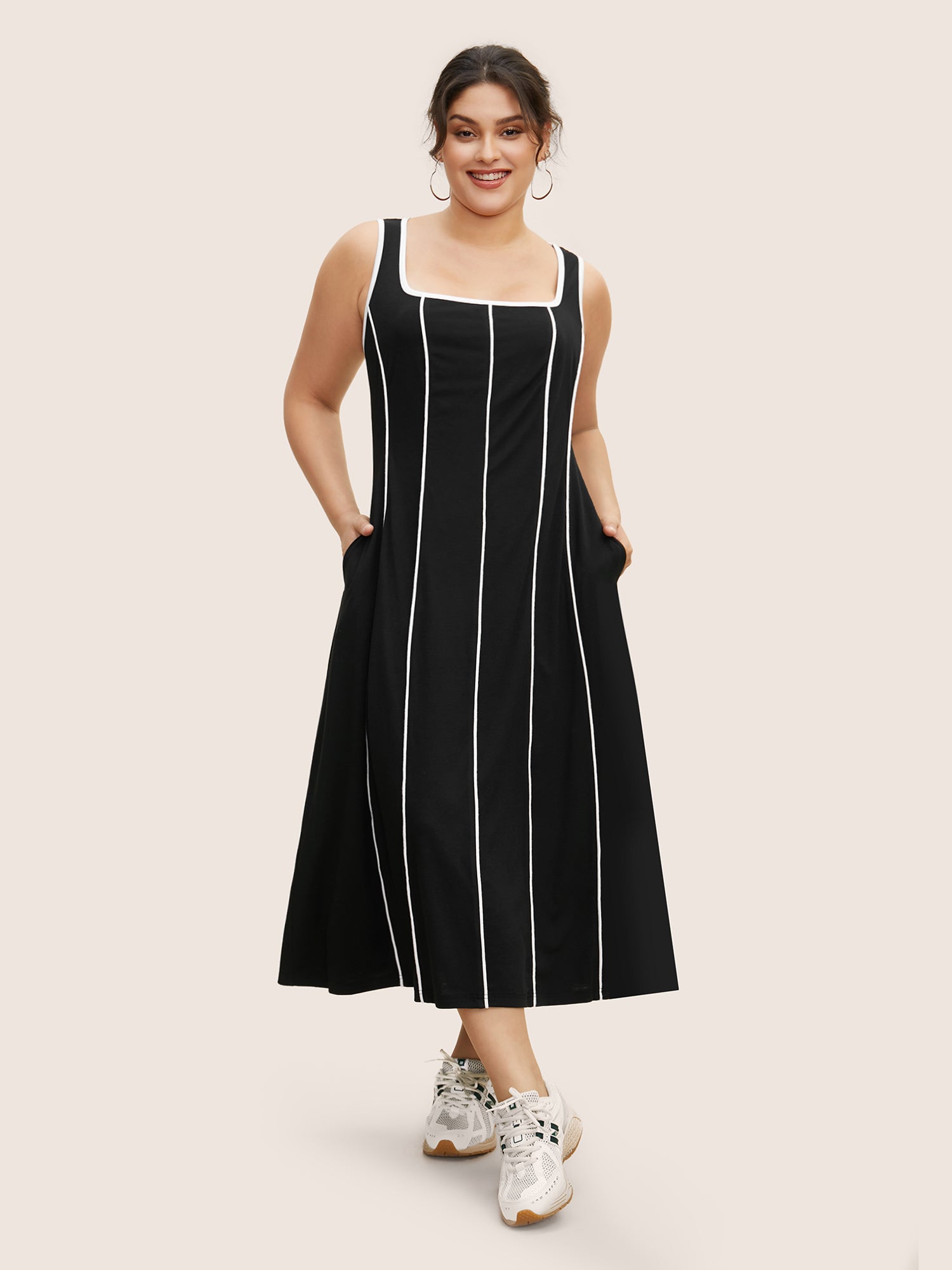 Square Neck Contrast Trim Midi Dress