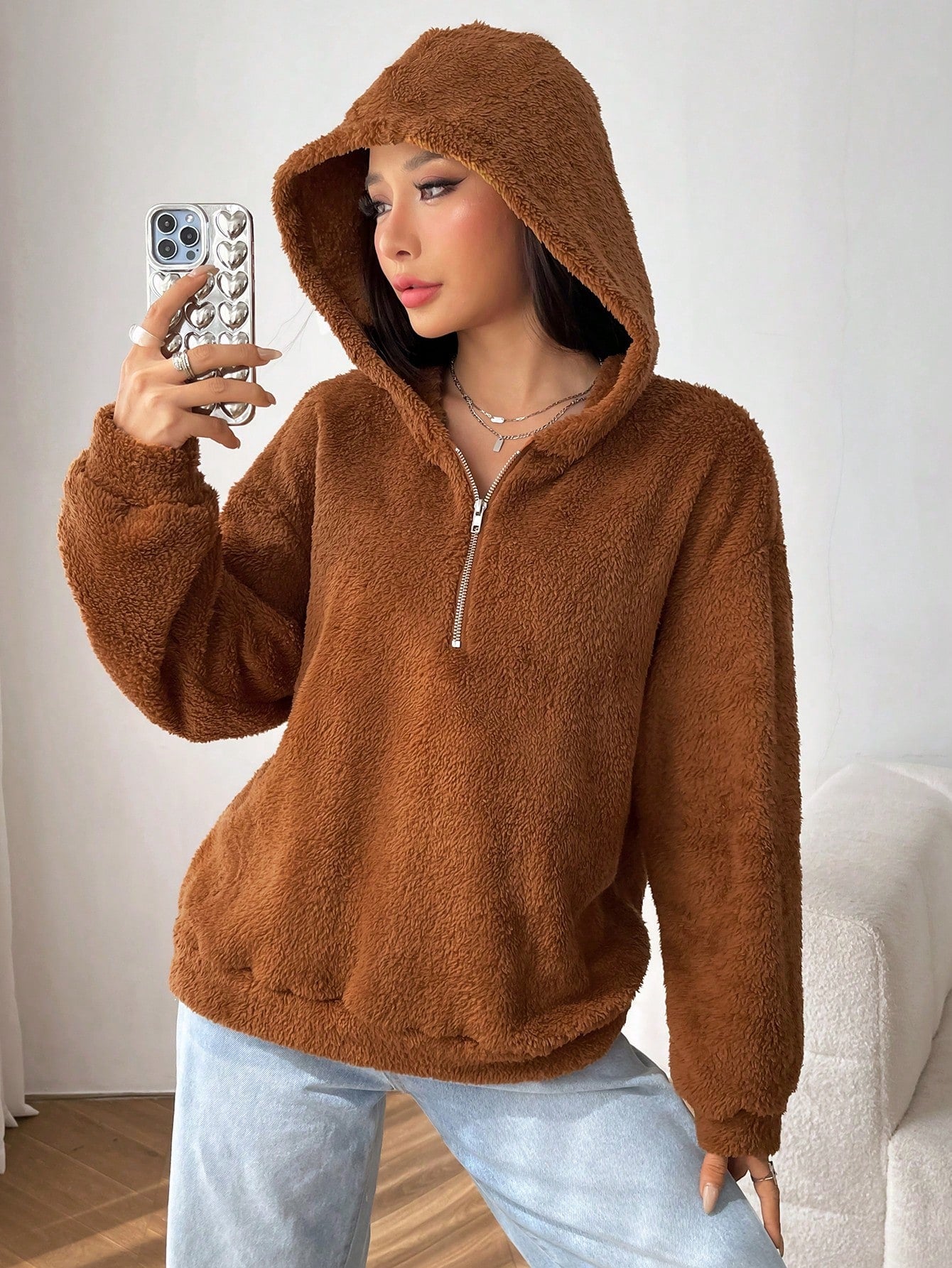 Parien Half Zip Drop Shoulder Teddy Hoodie