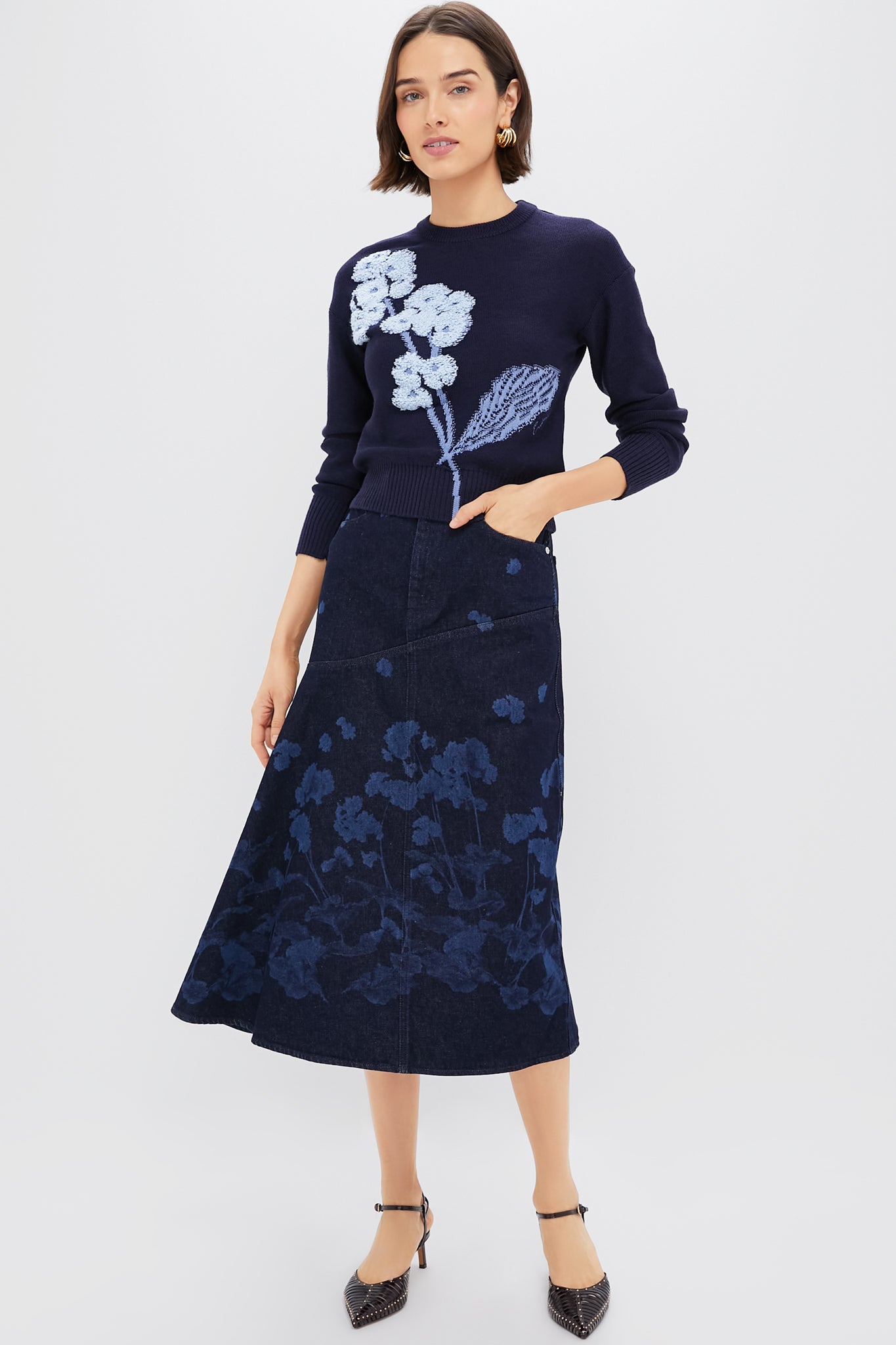 Elena Garden Indigo Draped Midi Skirt