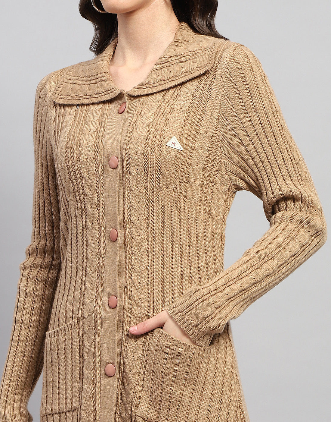 Women Brown Self Design Collar Full Sleeve Cardigan