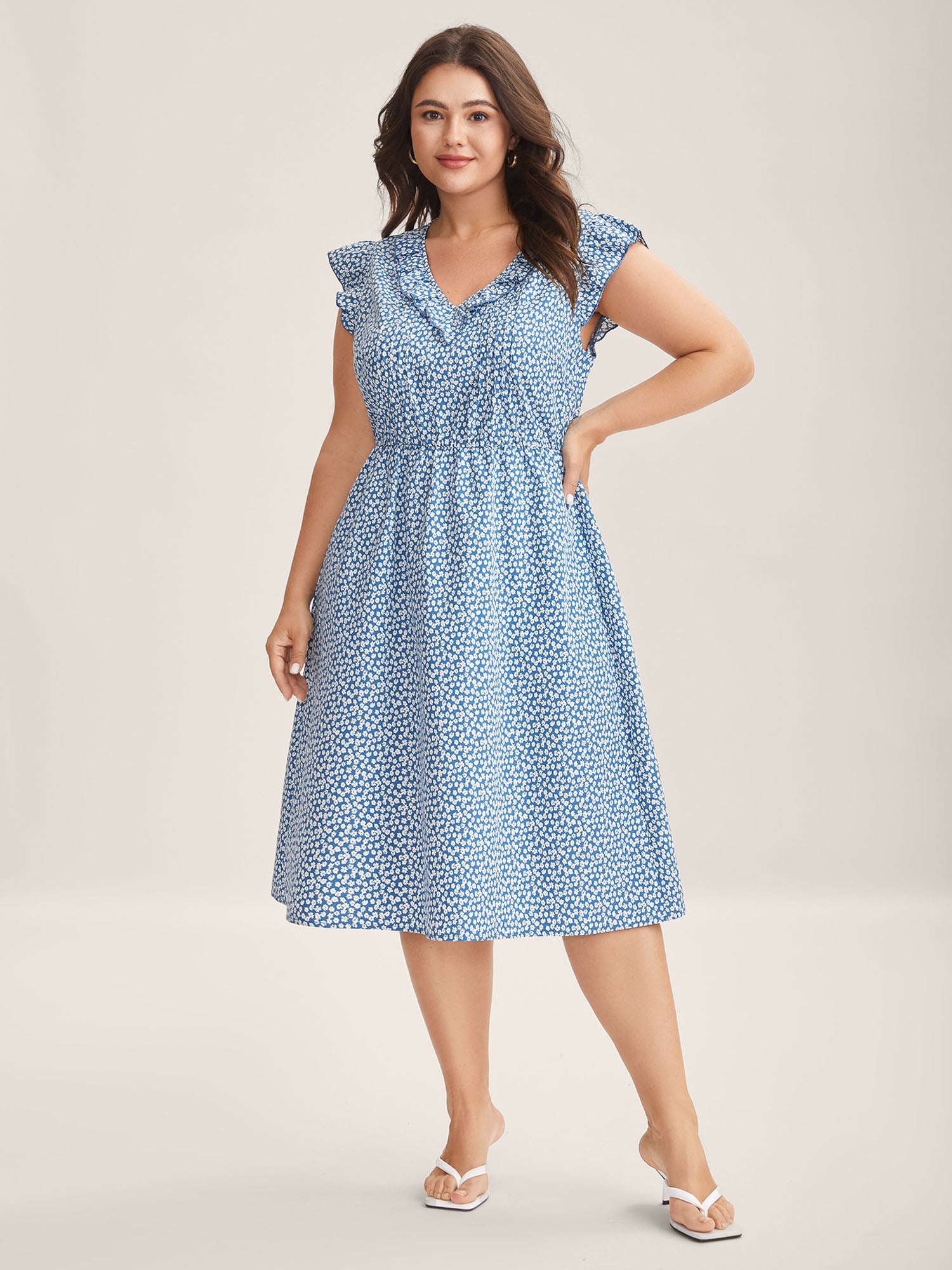 Floral Print Ruffled Neck Midi Dress
