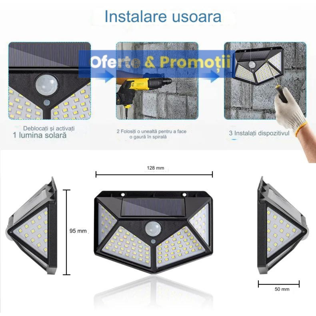 Lampa solara cu senzor de miscare. 100 LED