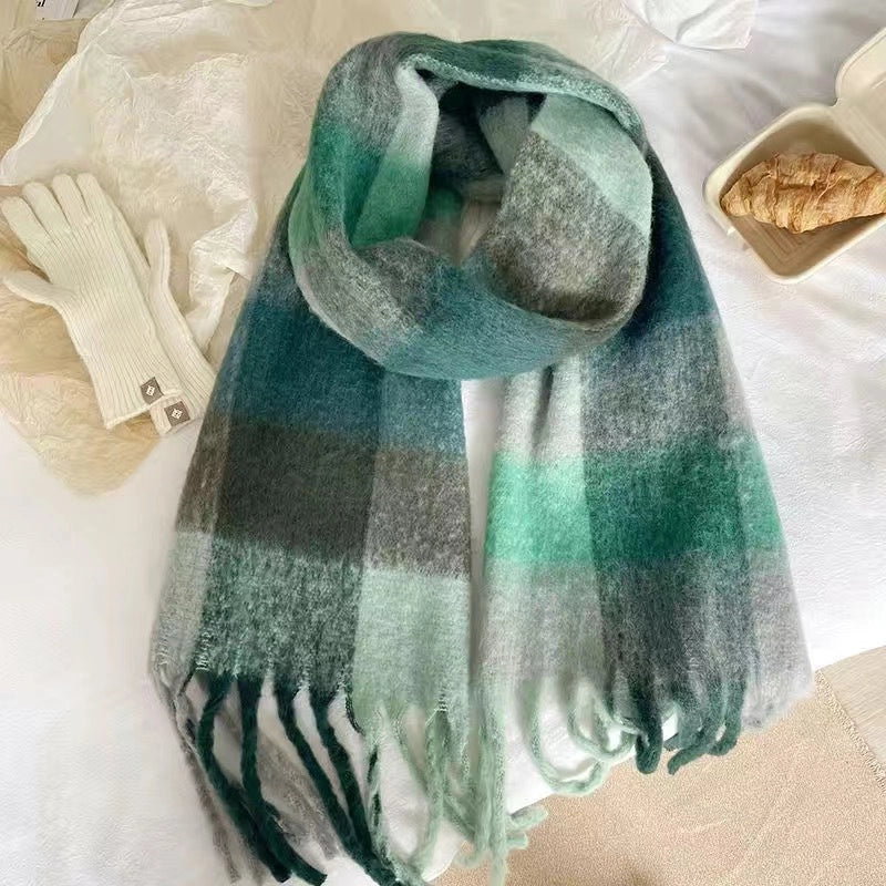 Mohair Plaid Scarf Women's Winter  Versatile Tassel Student Long Thickened Warm Scarf Large Shawl Fashion
