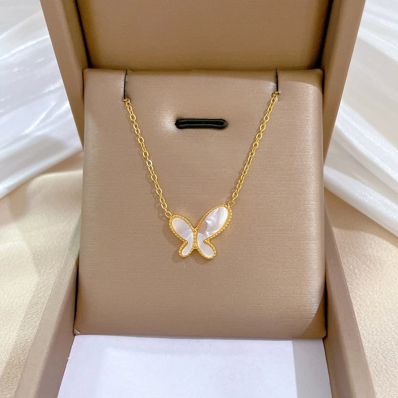 Minimalist Circle Letter Butterfly Titanium Steel Plating Inlay Rhinestones Necklace