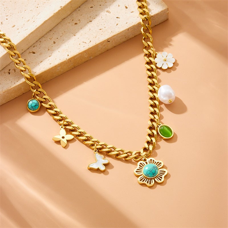 Fashion Colorful Dopamine Oil Drop Rainbow Flower Accessories Pendant Eye Butterfly Chain Stainless Steel Necklace