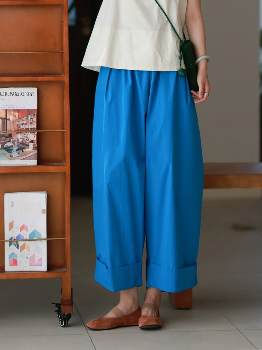 Women Summer Casual Pure Color 100%Cotton Wide-leg Pants