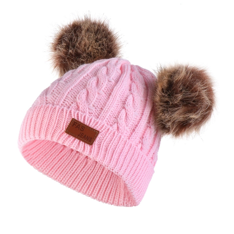Autumn And Winter Children's Thickened Wool Hat Ear Double Hair Ball Warm Ear Protection Knitted Hat Set With Standard Solid Color Hat